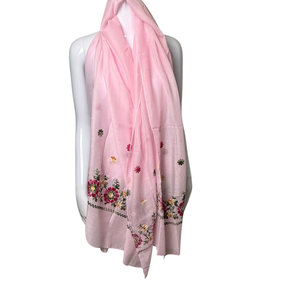 Pink Floral Embroidered Scarf Wrap Lightweight Shawl Feminine Semi Sheer 74x26in